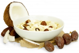 coconut and date porridge - oats, yoghurt coated sunflower seeds, chopped dates and coconut flakes coconut and date porridge - oats, yoghurt coated sunflower seeds, chopped dates and coconut flakes