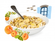 la peaches provençal - oat and barley granola, orange granola, freeze dried peach pieces, freeze dried apricot pieces, puffed brown rice and crispy multigrain flakes la peaches provençal - oat and barley granola, orange granola, freeze dried peach pieces, freeze dried apricot pieces, puffed brown rice and crispy multigrain flakes