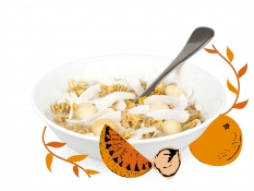 orange and macadamia granola - orange peel, orange granola, oat and barley granola, coconut flakes and macadamias orange and macadamia granola - orange peel, orange granola, oat and barley granola, coconut flakes and macadamias